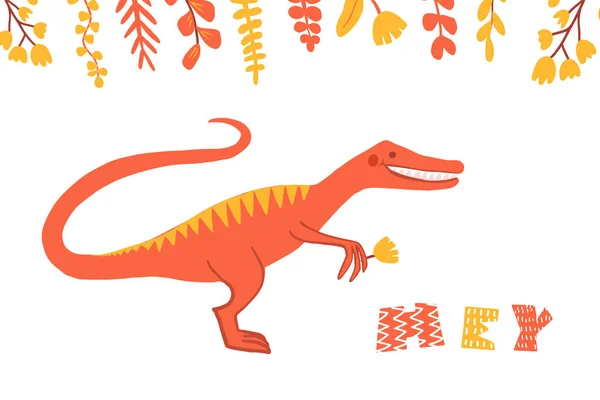 Cute Kartun Dinosaurus Dengan Kutipan Makan Malam Kekanak Kanakan Dengan - Stok Vektor