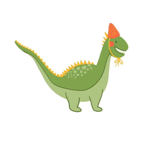 Cute Cartoon Dinosaur Childish Festive Dinos Flat Illustration Happy Birthday — Stock Vector