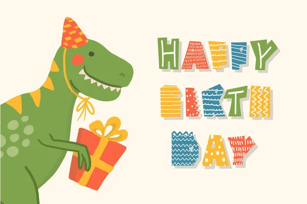 Χαριτωμένος Δεινόσαυρος Κινουμένων Σχεδίων Επίπεδη Παιδική Dino Γράμματα — Διανυσματικό Αρχείο