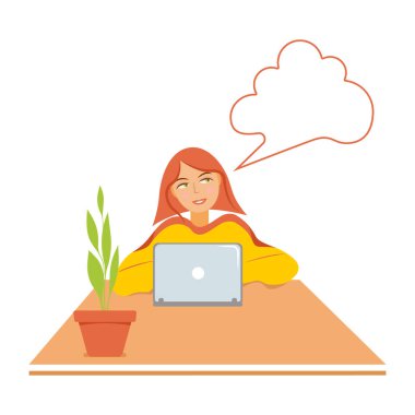 Dizüstü bilgisayarı olan genç bir kız. Beyaz baloncuklu güzel bir kadın. Vektör çizimi. Masada boş alan.