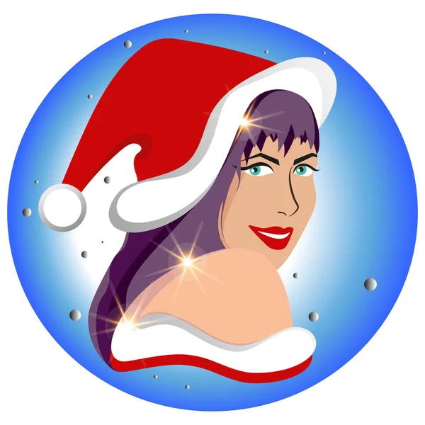 Christmas Face Cute Girl Santa Claus Hat Smiles Beautiful Female — Stock Vector