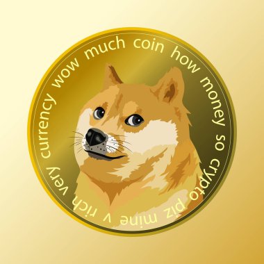 Dogecoin DOGE cryptocurrency on a gradient yellow background, shiba inu dog muzzle on a coin, digital currency symbol