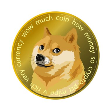 Cryptocurrency Dogecoin DOGE isolated on white background, muzzle of shiba inu dog on coin, digital currency symbol