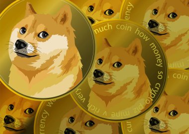 Arka planda bir sürü altın Dogecoin madeni parası var. Dogecoin kripto para birimi sembolü. Kripto para birimi dogecoin