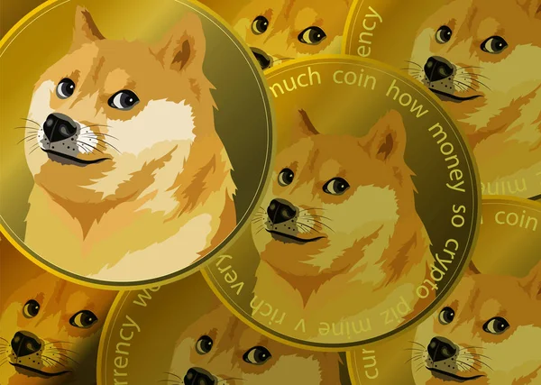 Фон Много Золотых Монет Dogecoin Символ Криптовалюты Догекоина Криптовалютный Догекоин — стоковый вектор