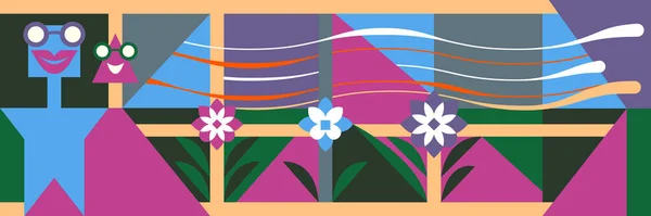 Composição Abstrata Formas Simples Negrito Geométrico Ilustrações Planas Pessoas Flores — Vetor de Stock