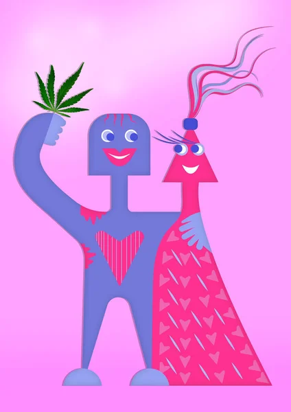 Concepto Legalización Marihuana Amor Dibujos Animados Abrazando Pareja Hombre Sosteniendo —  Fotos de Stock