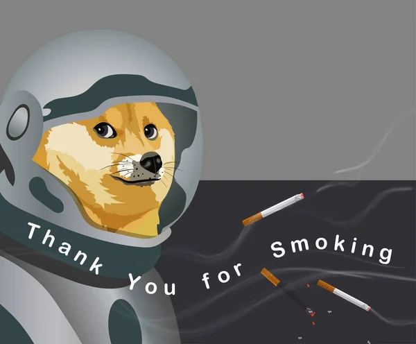 Comic illustration with text Thank you for smoking and Dogecoin. Shiba Inu in an astronaut spacesuit.