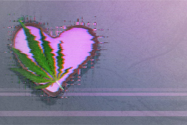 Effetto Glitch Foglie Canapa Cuori Giornata Della Marijuana Panpepato Foglie — Foto Stock