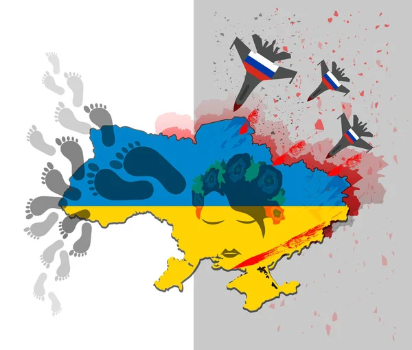 Росія Напала Україну Збільшило Кількість Біженців України Карта України Слідами — стоковий вектор