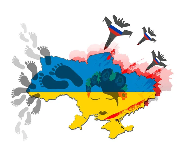 俄罗斯袭击了乌克兰 增加了来自乌克兰的难民人数 乌克兰地图和一个人赤脚的指纹 — 图库矢量图片