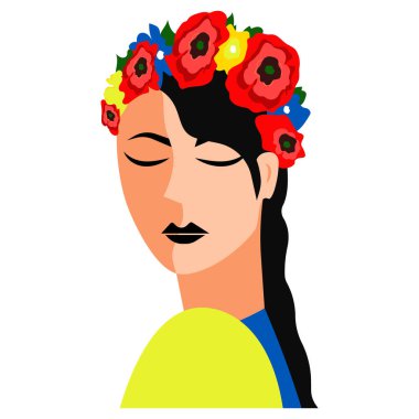 Kafasında çiçek çelengi olan Ukraynalı esmer bir kızın portresi..