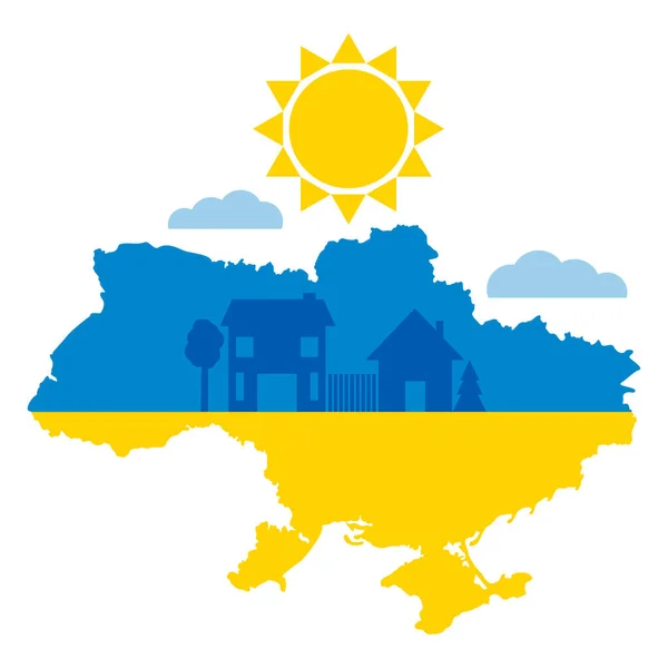 Ukraine Map Colored Colors Ukraine Flag Houses Trees Sun Clouds — Stock Vector