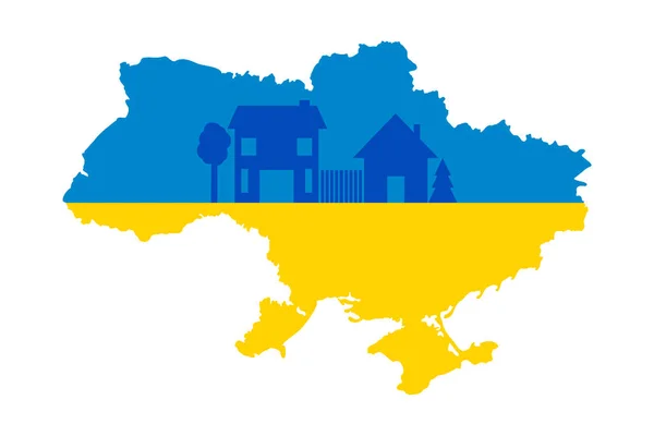 Mapa Ukrainy Jest Kolorowa Kolorach Flagi Ukrainy Domami Drzew Koncepcji — Wektor stockowy