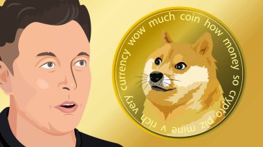 Elon Musk ve Dogecoin. Elon Musk Dogecoin 'in portresi. Vektör illüstrasyonu