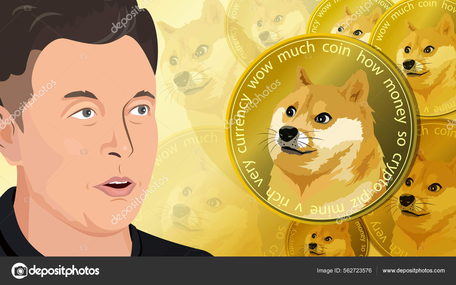 Elon MuskとDogecoin Doge暗号通貨 柴犬の顔コイン デジタル通貨記号 ベクトルイラスト ストックベクター ©KLYONA  562723576