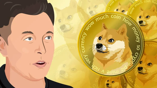 Илон Маск Dogecoin Doge Криптовалюта Shiba Inu Собачья Морда Монете — стоковый вектор