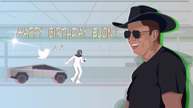 Mutlu yıllar Elon. Elon Musk portresi, Tesla Bot, Twitter logosu, Tesla Cybertruck.