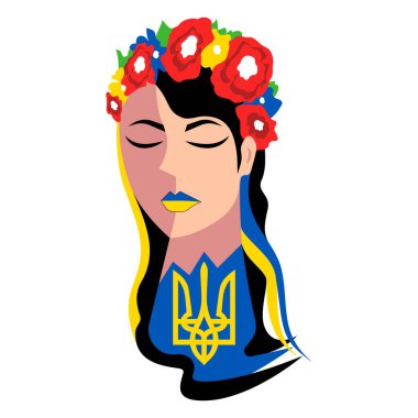 Ukrainian girl in a wreath and a trident of Ukraine. Isolated vector illustration