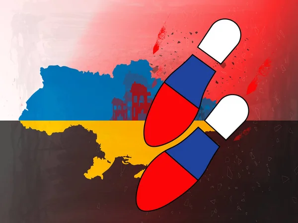 乌克兰和俄罗斯之间的军事冲突 乌克兰地图上挂满了国旗的颜色和俄罗斯国旗上的脚印 — 图库照片