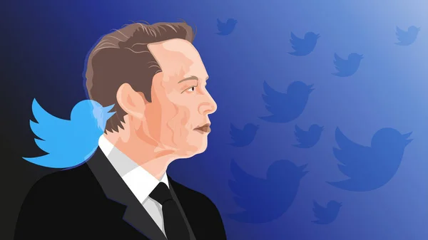 Elon Musk Twitter 'ı satın almayı planlıyor. Elon Musk 'un portresinin ve Twitter logosunun editör illüstrasyonu.