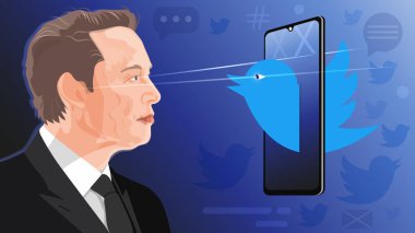 Elon Musk portresi, akıllı telefon ve Twitter logosu. Editoryal illüstrasyon: Elon Musk Twitter 'ı edinmeye hazırlık kavramı