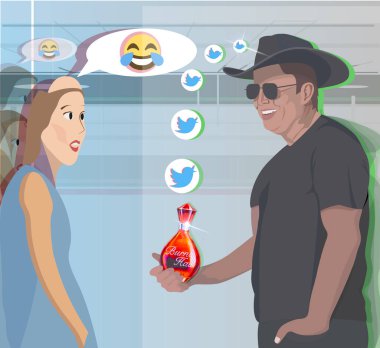 13 Ekim 2022 'de Elon Musk yeni bir tweet attı. Lütfen parfümümü satın alın ki Twitter' ı alabileyim. Şaka editoryal illüstrasyon.