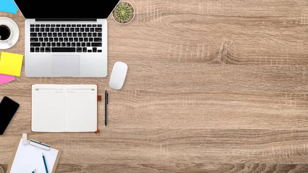 Mesa Espaço Trabalho Flat Lay Com Computador Portátil Material Escritório — Fotografia de Stock