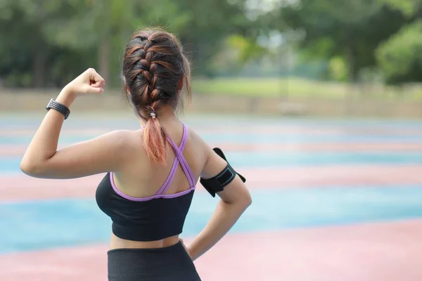 Zadní Pohled Atletický Mladý Zdravý Asijské Žena Sportovním Oblečení Stojící — Stock fotografie