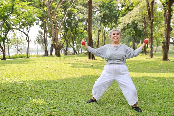 Szczęśliwa Uśmiechnięta Azjatycka Starsza Kobieta Robi Ćwiczenia Rękę Podnoszenie Hantli — Zdjęcie stockowe