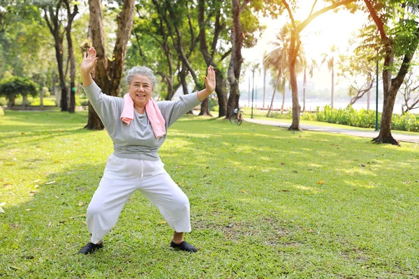 Azjatycka Starsza Kobieta Ćwiczyć Jogę Ćwiczenia Tai Chi Tranining Rozciąganie — Zdjęcie stockowe