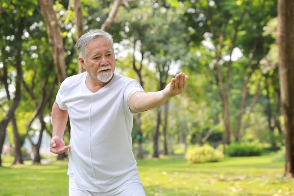 Azjatycki Senior Ćwiczyć Jogę Ćwiczenia Tai Chi Tranining Rozciąganie Medytacja — Zdjęcie stockowe