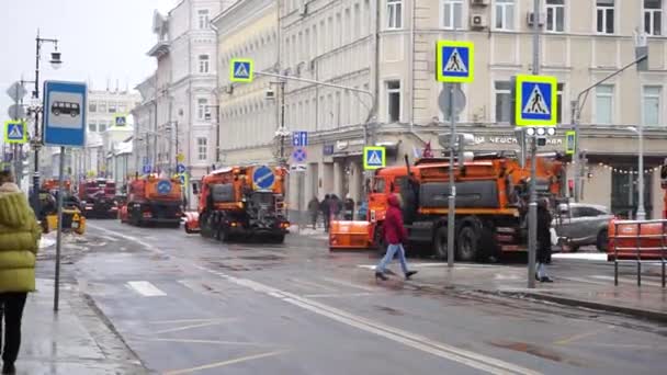 Moscow Russia December 2021 Column Special Snowplows Cleans Streets City — Stock Video