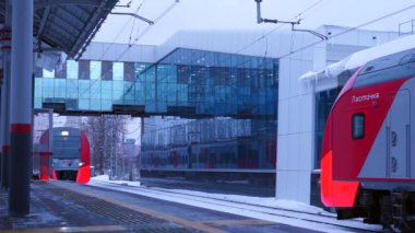 Moscow Russia - January 2022: A modern subway train arrives at the station.