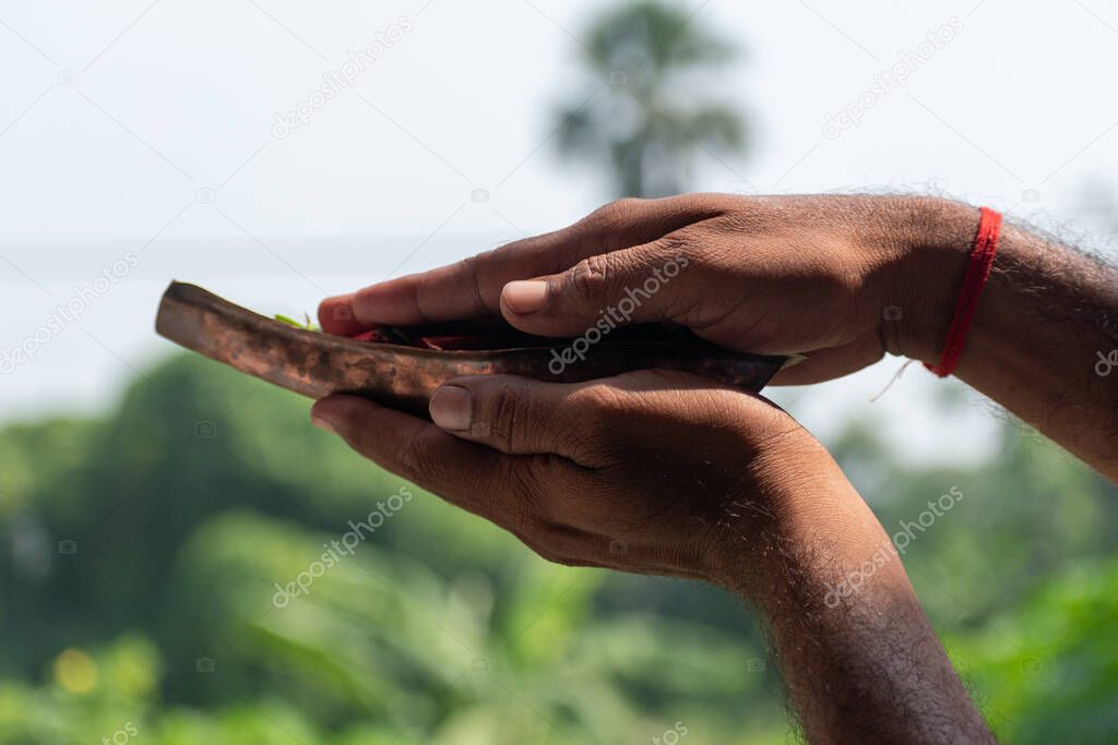 Image of the hands of a young man- praying in the morning holding Kosha Kushi. The method of worshiping the sun god in Hinduism.