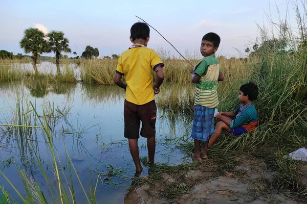 Few Rural Children Growing Lap Nature Fishing River Fishing Rod — стоковое фото