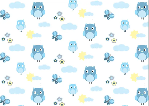 Baby boy owl and a butterfly seamless pattern — Stock Vector