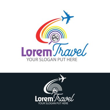 Seyahat, turizm renkli logo tasarımı. Turizm ajansı renkli ikon tasarımı. Dünyayı gezen bir uçak ve seyahat acentesi için Mark simgesini bul