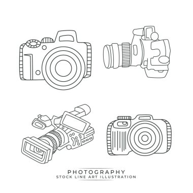 Video editörü, videografi, fotoğrafçı çizgisi sanat vektörü. Fotoğraf seti, video stüdyo karalamaları, semboller ve eşyalar. Özelleştirilebilir ince çizgi kamera sembolleri. 
