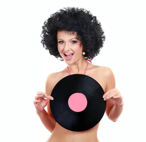 Девушка с виниловым диском крупным планом — стоковое фото