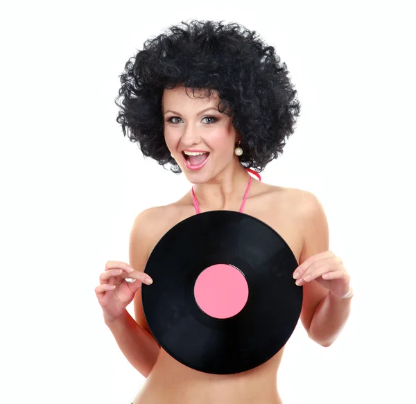 Meisje met vinyl schijf close-up — Stockfoto