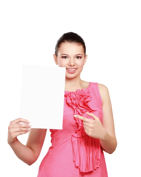 Una mujer sonriente con un espacio en blanco — Foto de Stock