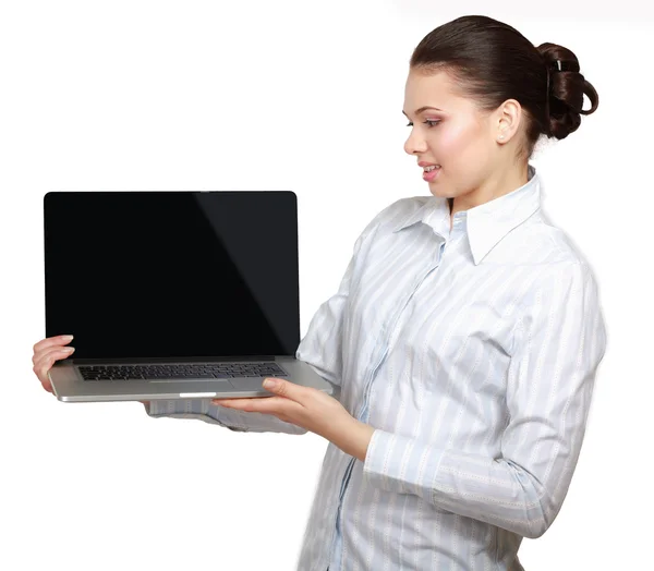 美丽的女人，与笔记本电脑的肖像 — 图库照片