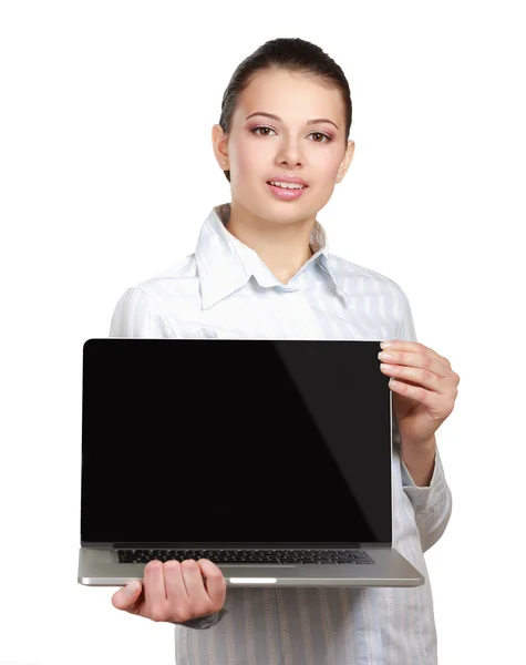 Ritratto di bella donna con computer portatile — Foto Stock