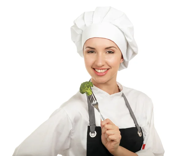 Bastante cocinero jefe sosteniendo tenedor — Foto de Stock