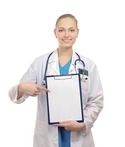 Smiling young doctor in white coat standing — Stock Photo, Image