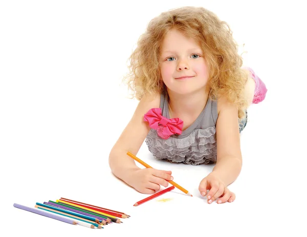 Happy little girl drawing with pencils at home — Stock Photo, Image