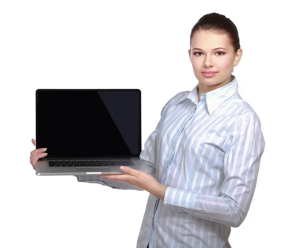 Retrato de mujer hermosa con portátil — Foto de Stock