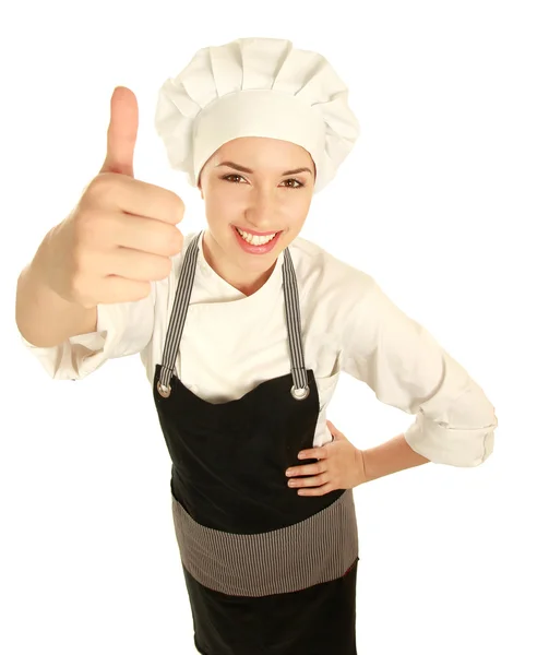 Attractive cook woman showing ok — Stock Photo, Image