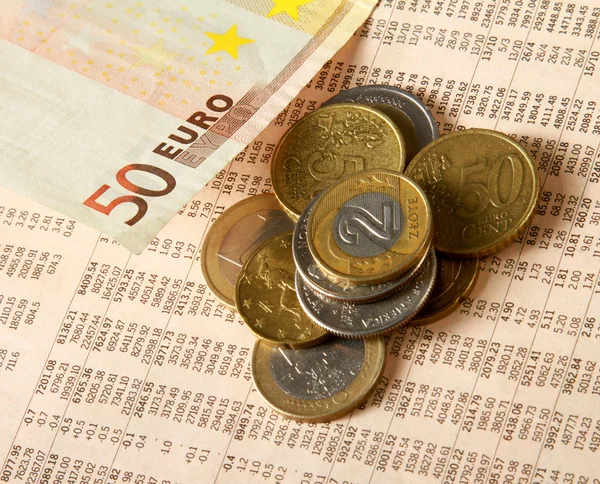 Geld: Euro-Münzen und -Scheine aus nächster Nähe — Stockfoto